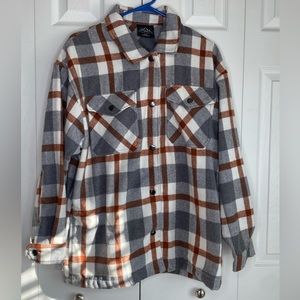 Women's HFX Shacket Brown White Gray Plaid Flannel Shirt Jacket Snap Front Sz M